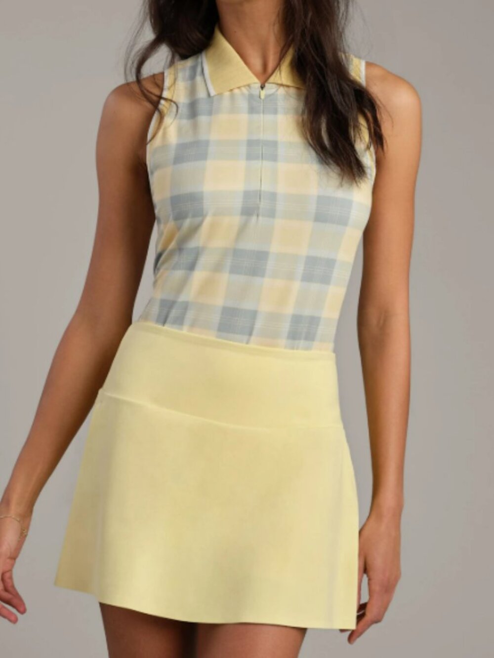 RHONE Course to Court Sleeveless Zip Polo Dawn Yellow Plaid Size Large